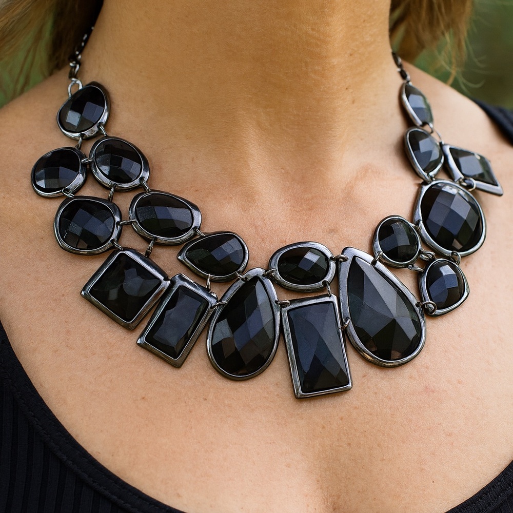 Statement Necklace Black and Gun metal gray chain 18”